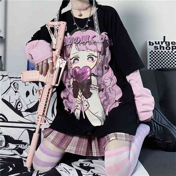

autumn women tshirts japanese ins cute anime printed harajuku loose fake two piece long sleeved aesthetic female t-shirt 210623, White