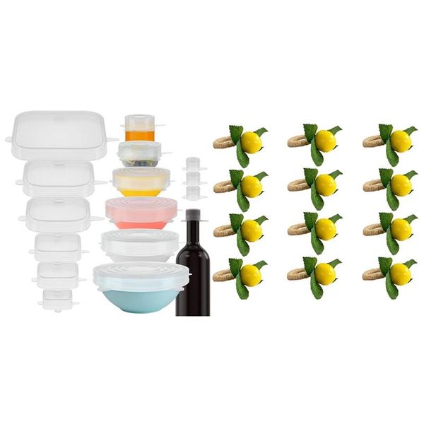 

napkin rings 1set silicone stretch lids 16 airtight magic stretchy & 12pcs simulation plant ring fruit meal buckle