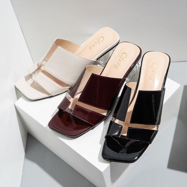 

slippers low shoes square heel women summer transparent pantofle slides fashion block 2021 luxury basic pu fabric fretwork, Black