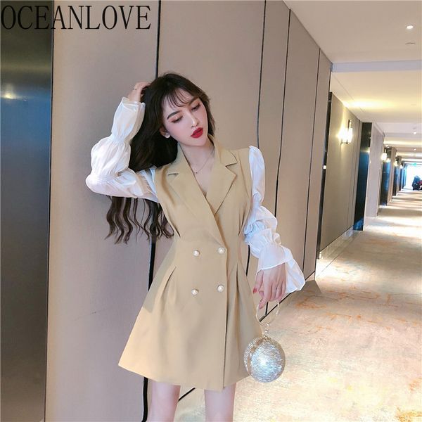 

spring ol fashion elegant women dress patchwork v neck vestidos puff sleeve high waist dresses 15330 210415, Black;gray