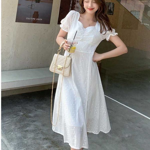 

sweet embroidery cotton elegant white dresses summer puff short sleeve square collar split party dress 210526, Black;gray