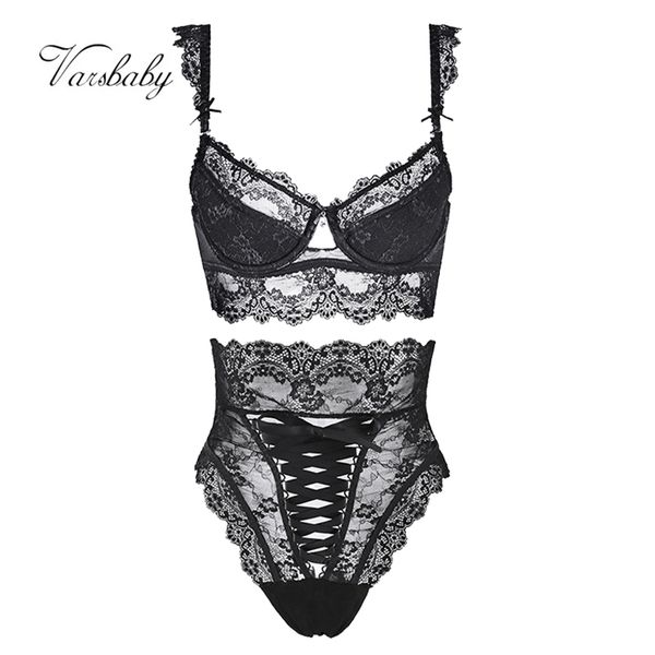 

varsbaby 2pcs floral lace underwear women large size comfortable bra+high-waist panty lingerie set 211104, Red;black