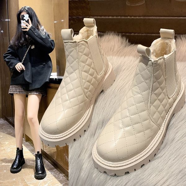 Botas de Martin das Mulheres Estilo Britânico Plush Engrossado Fundo 2022 Outono Inverno Moda Redonda Cabeça Curta Botas de Neve