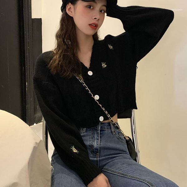 

women's sweaters cropped cardigans female with button short sweater mujer v neck long sleeve women knitted cardigans1, White;black