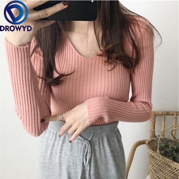 

women's sweaters stretch pullovers sweater women fall soft cotton slim knitted tide v-neck thick winter korean casual simple chic, White;black