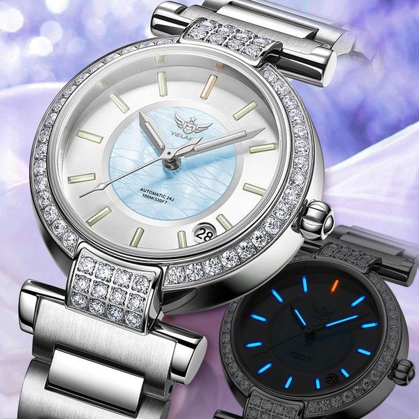 

wristwatches yelang women automatic watch tritium light t100 24jewels japan movement czech rhinestone date diver waterproof100m, Slivery;brown