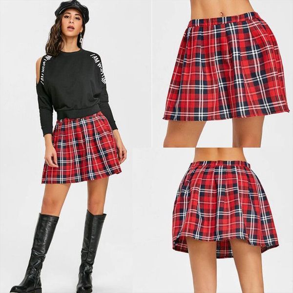

fashion mini high waist women skirts red plaid a line casual japanese, Black