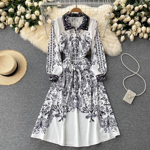 

casual dresses autumn party dress 2021 floral vestidos mujeres vintage print midi evenning-dress women office work sundress, Black;gray