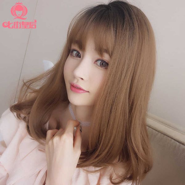 

wig female korean air bangs fashion chemical fiber whole head type hair cover, Black
