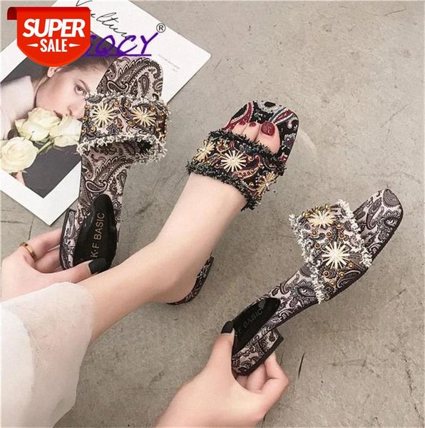

print slippers women 2019 summer shoes fashion elegant rhinestone metal decoration flip flops square heel casual female #sx4o, Black