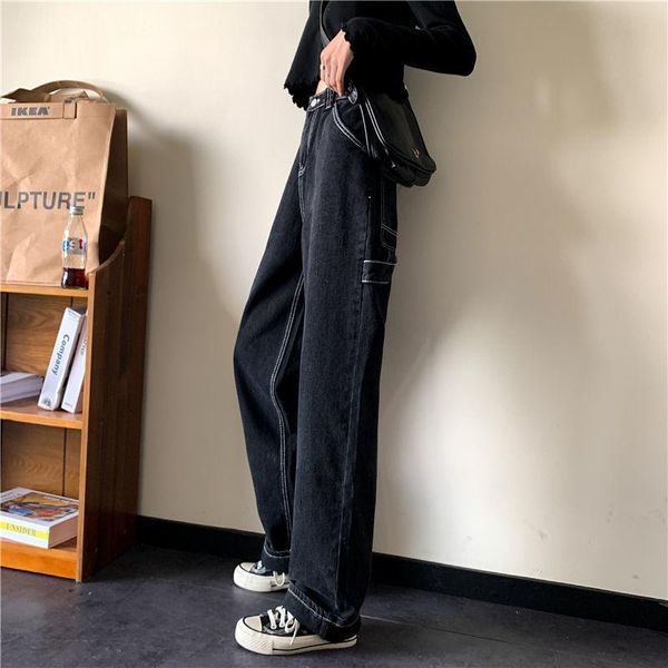 

women's jeans woman pants spring high waist loose women straight-leg trousers pantalones vaqueros mujer, Blue
