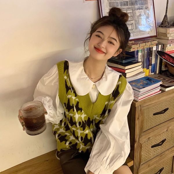 

women's sweaters female plaid vest sweet age reduction with loose little sweater 7xlt, White;black