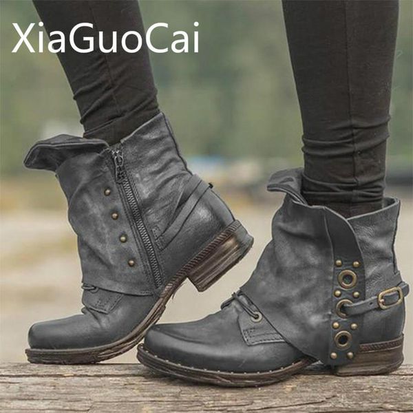 

boots big size 35-43 cross-border retro women ankle rubber round toe ladies riding zip low heels winter, Black