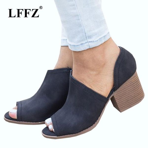 

dress shoes lzzf summer chunky high heels ladies woman peep toe pumps sandals women party pu leather zapatos mujer big plus size, Black