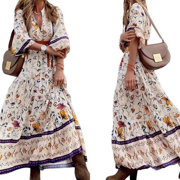 

2021 women's bohemian v-neck long sleeve fashion print oversized dress, Black;gray