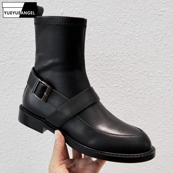 

boots brand elastic ankle women british style 2021 black motorcycle cowhide genuine leather high flat shoes woman11