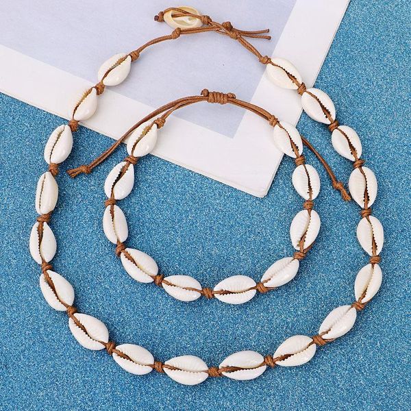 

chokers shells necklaces bracelets bohemian girl jewelry natural conch beads brown chain choker bangles rope gift handmade, Golden;silver