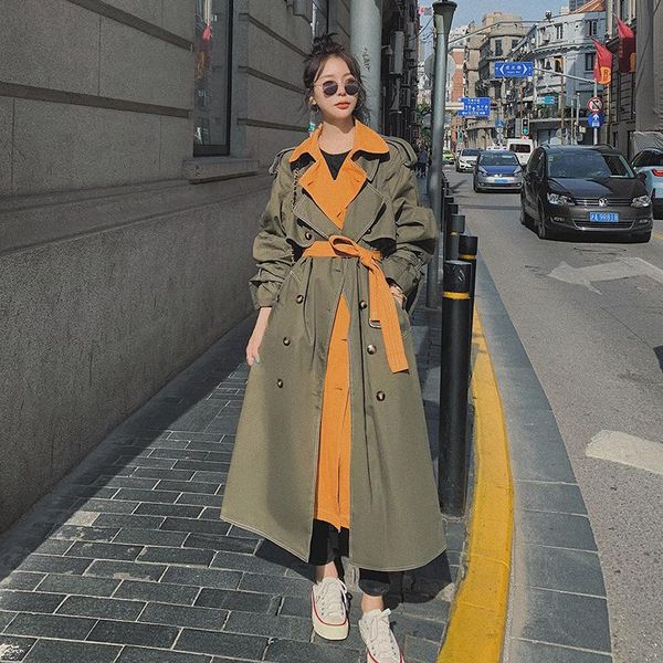 

women's trench coats spring autumn coat woman long fashion 2021 streetwear hit color armygreen patchwork windbreaker, Tan;black