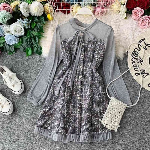 

autumn fashion long sleeve women dresses mini tweed patchwork mesh ruffles elegant vintage korean slim plaid woolen vestidos, Black;gray