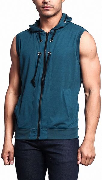 

men's lightweight athletic casual sleeveless contrast zipper hoodie 472d#, Black