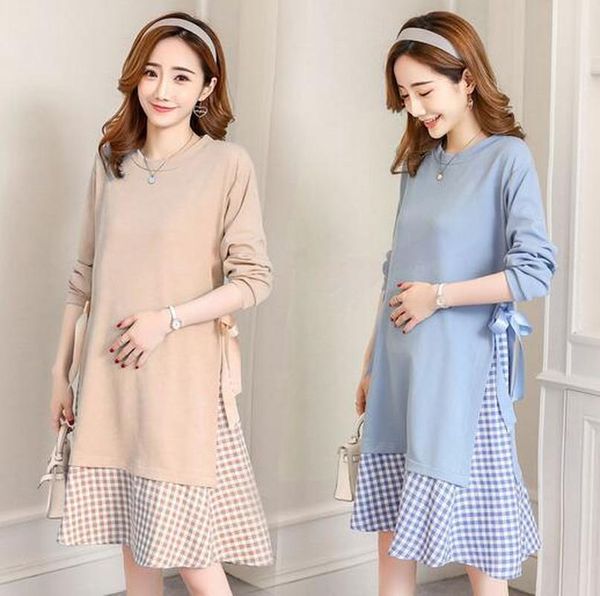 

maternity dresses autumn korean knitted long sleeve patchwork plaid dress fashion o-neck clothes for pregnant women pregnancy, White