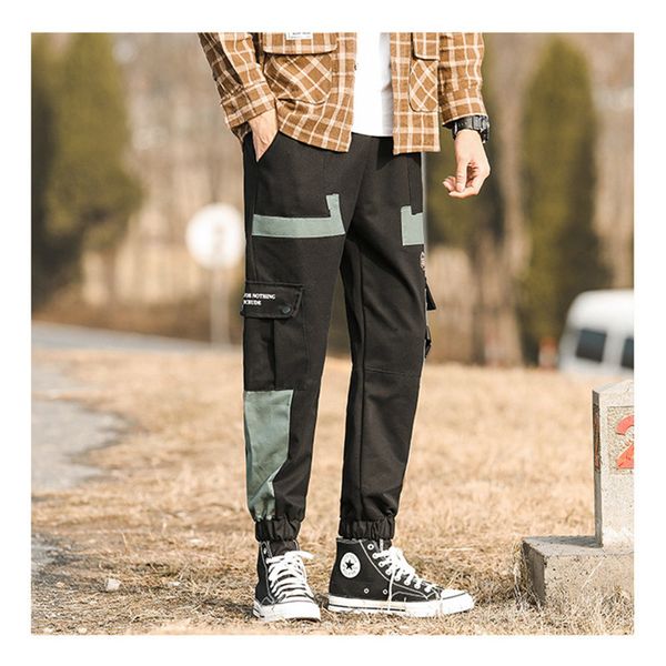 

mens drawstring cargo pants fashion trend loose casual trousers designer male autumn multi pockets mid waist skateboard pencil pant clothing, Black