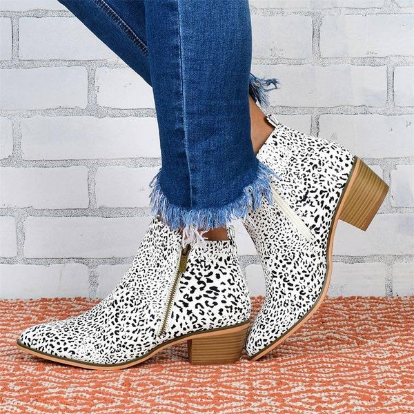 

boots women autumn ankle woman pu leather zipper thick heel ladies shoes leopard pointed toe women's fashion plus size., Black