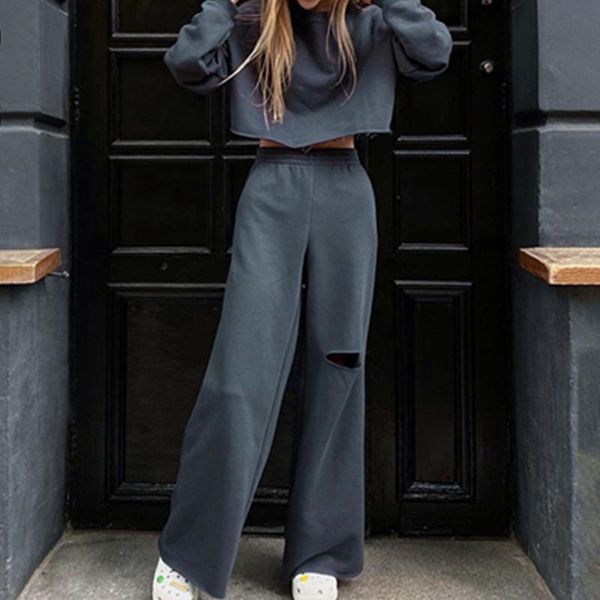 

women's two piece pants 2021 casual fashion sweatshirt and 2-piece set autumn long-sleeved suit solid color street sportswear, White