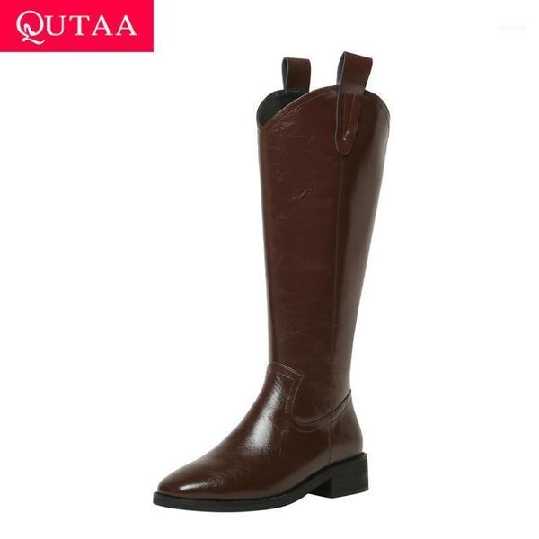 

boots qutaa 2021 autumn winter square toe mid calf zipper pu leather long high heel casual women shoes size 34-4011, Black