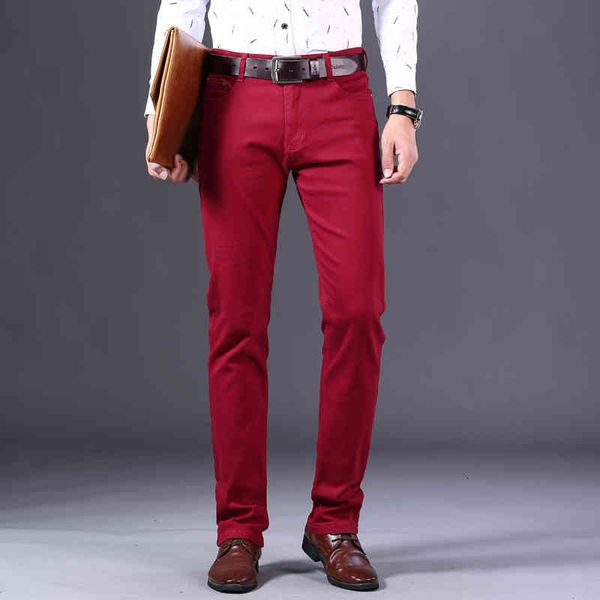 

men's jeans classic style wine red black khaki white fashion business casual straight denim stretch trousers male 190l, Blue