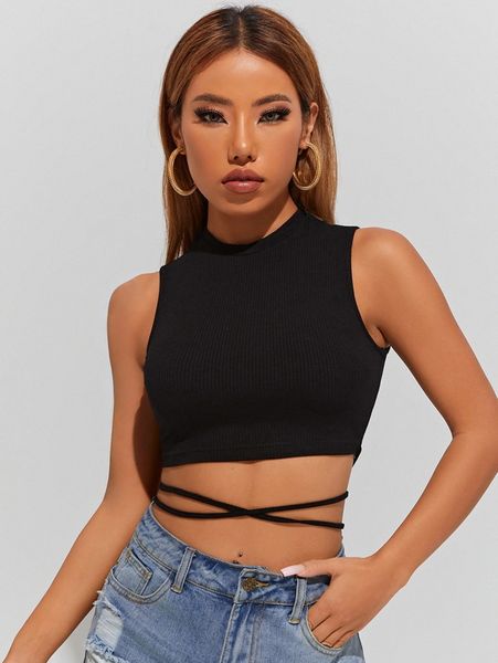 

petite crisscross knot hem crop tank e4cc#, White