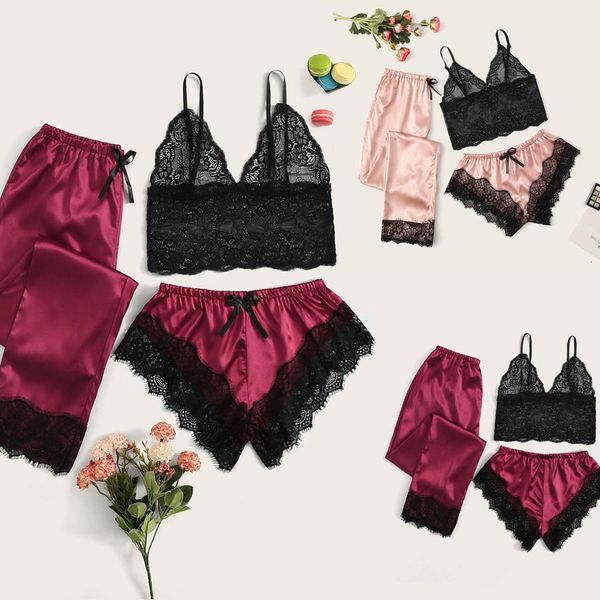 

2021 underwear wine red satin three piece fashion temptation women's pajama suit, Red;black