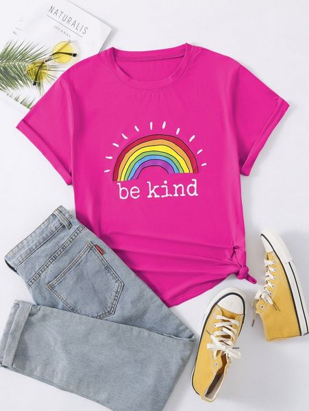 

plus rainbow & slogan graphic tee x40h#, Black