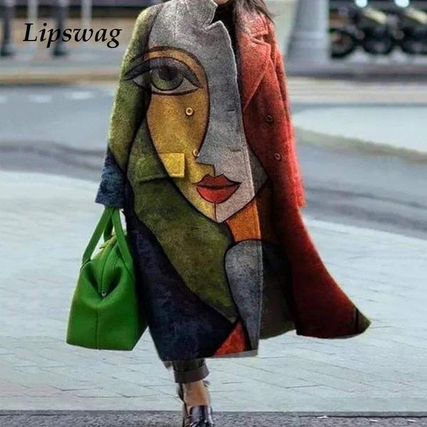 

women's wool & blends casual floral print long sleeve pocket outwear autumn loose blend overcoat women vintage button cardigan jackets, Black