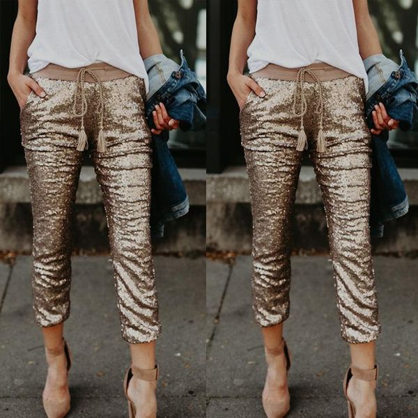 

women pencil pants autumn sequined elastic waist trousers fashion casual women's & capris, Black;white