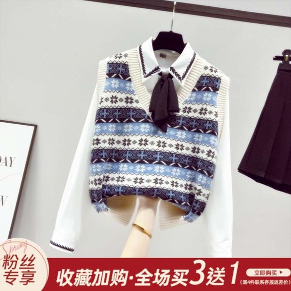

autumn vest knitting spring autumn outside women's suit sweater shirt set, White