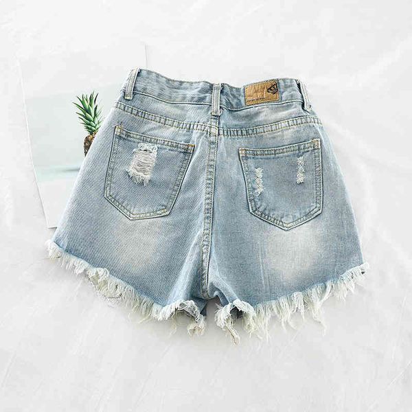 

fashion women's clothing washed denim shorts summer loose wild high waist student sequins hole h836, Blue