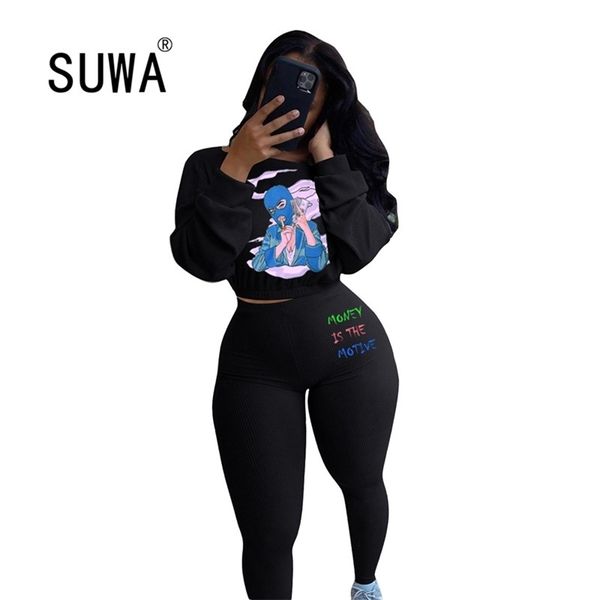 

elastic high ribbed knitted jogger suit women 2 pieces set character letter print bandage crop and tight legging casual 210525, White