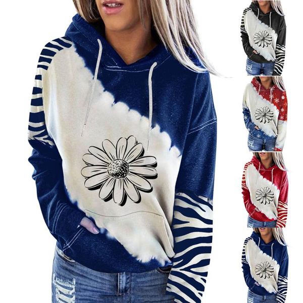 

women's hoodies & sweatshirts winter floral patchwork hooded long sleeve pockets pullovers contrast autumn drawstring casual hoodie, Black