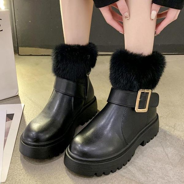 

boots rimocy winter platform women's ankle 2021 fashion buckle thick-soled snow woman pu leather warm cotton shoes ladies, Black