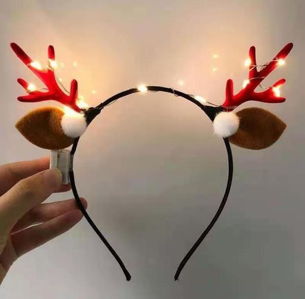 Faixas de cabeça de chifre de LED iluminam a faixa de cabeça de rena Decorações de festa Acessórios de cabeça de brilho luminoso Faixas de cabelo vermelho