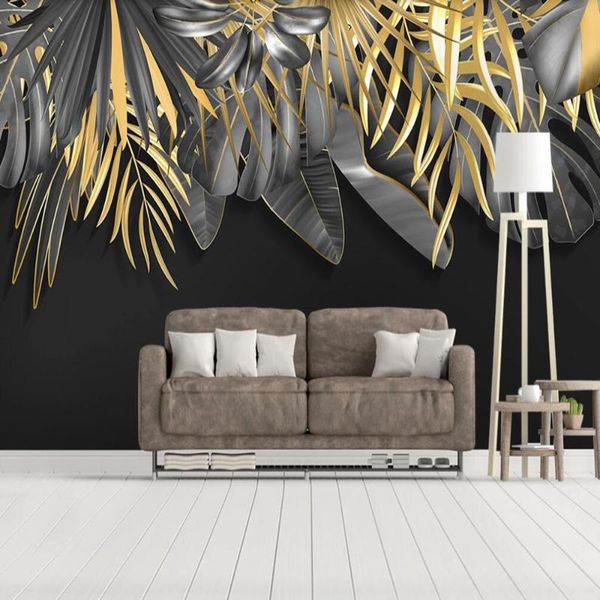 

wallpapers drop custom large wallpaper mural simple hand-painted tropical plants golden leaves background wall decoration painting