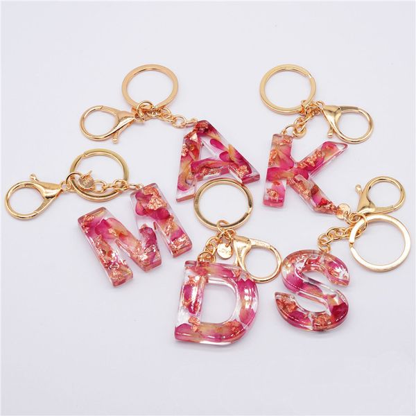 

10pc rose petal resin 26 letter keychains for women transparent english alphabet charms bag accessories car key rings holder, Silver