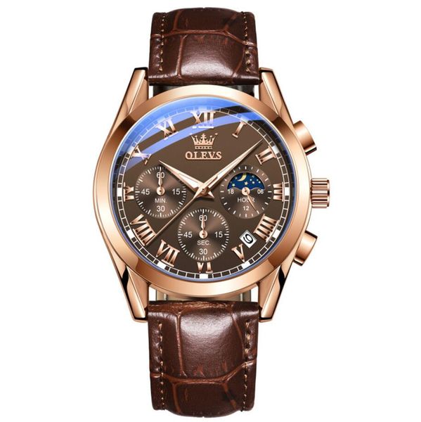 

fashion mens watches brand luxury military quartz watch premium leather waterproof sport chronograph watch men olevs, Slivery;brown