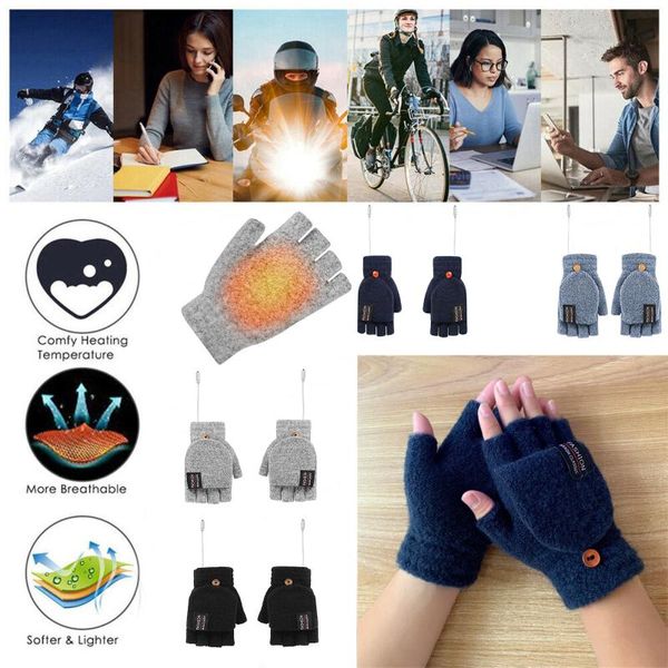

five fingers gloves women men usb powered fingerless heated washable knitted stripes computer convertible mittens winter outdoor hand warmer, Blue;gray