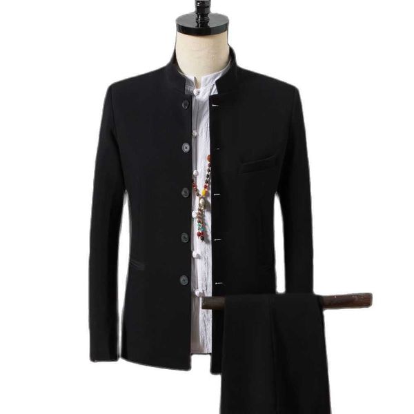 Chinesischen Stil Herbst Anzug männer Einfarbig Casual Stehkragen Blazer Jacke Hosen 2 stücke Set Mantel Hosen X0909