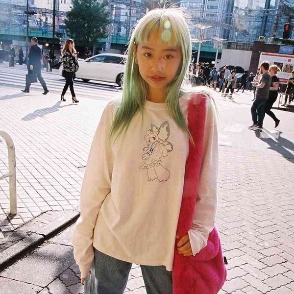 

gothic punk street girls autumn long sleeve t shirt women cute cartoon print oversized batwing tshirt harajuku hip hop tees 210408, White
