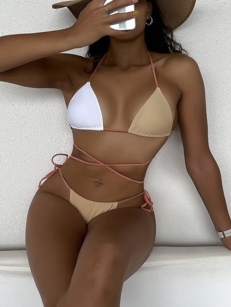 

colorblock lace up halter triangle bikini swimsuit t8iq#, White;black