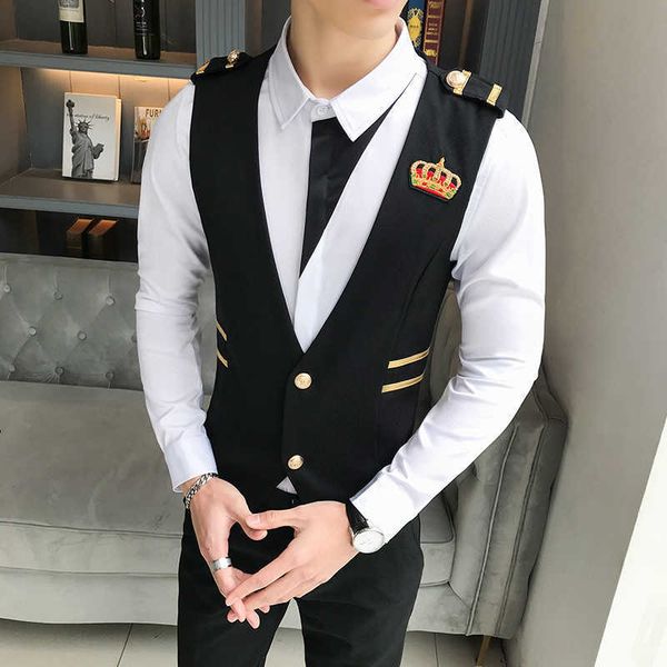 

embroidery crown dress vests for men slim fit waistcoat suits casual business wedding tuxedo vest gilet chalecos para hombre 210527, Black;white