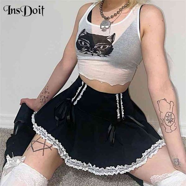 

insdoit mall goth black summer mini skirt women bandage lace patchwork streetwear high waist fashion aesthetic s 210708